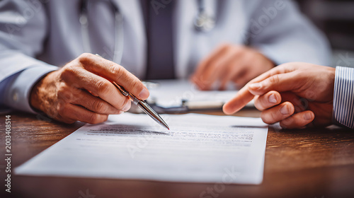 Doctor and patient discussing medical documents and treatment plan