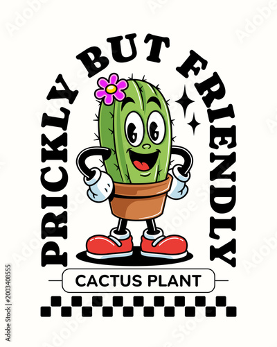 Cactus Plant Mascot Retro Cartoon Character Design. Desert Cactus in Pot for Botanical, Nature, Garden, Houseplant Vector Element Design