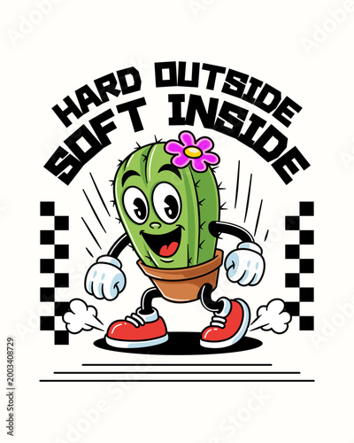 Desert Plant Cactus Mascot Retro Cartoon Character Design. Desert Cactus in Pot for Botanical, Nature, Garden, Houseplant Vector Element Design