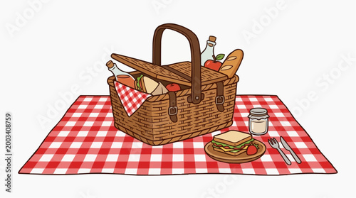 A charming illustration depicting a picnic scene, with a fully stocked wicker basket, checkered red and white tablecloth, and a prepared sandwich, evoking warmth and leisure.