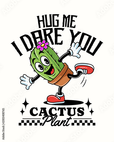 Cactus Mascot Retro Cartoon Character Design. Desert Cactus in Pot for Botanical, Nature, Garden, Houseplant Vector Element Design