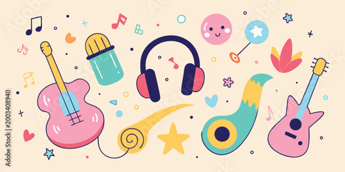 Colorful musical instruments and notes playful vector illustration with a light background