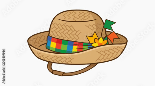 A festive straw hat with colorful adornments, perfect for summer celebrations, resting in a minimalist, photorealistic view.