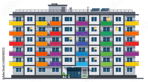 Urban apartment building with vibrant balconies and solar panels