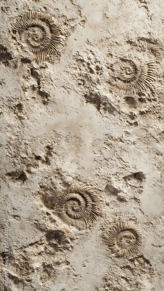 Naklejka premium Weathered Limestone Surface with Fossilized Ammonite Imprints Natural Stone Texture
