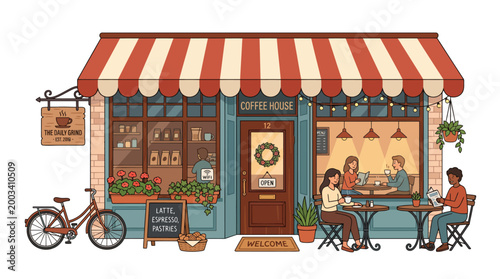 Cozy coffee house exterior with open sign and people inside