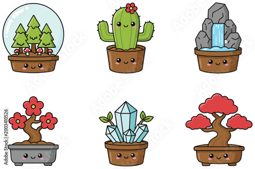 Kawaii potted plant and zen garden icon set featuring cute cactus bonsai tree terrarium waterfall and crystal cluster for wellness and stationary design.