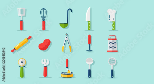 Cooking utensils collection on light green