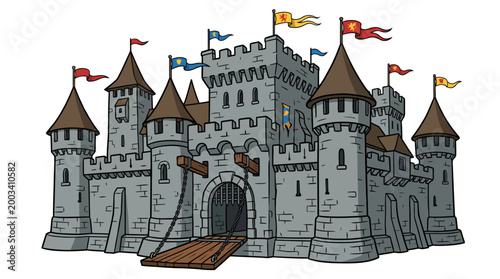 Medieval castle with flags and drawbridge