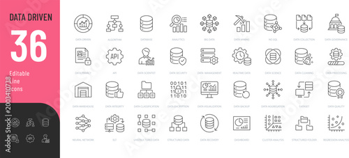Data Driven Line Editable Icons set. Vector illustration in a modern thin line style of technology related icons: database, analysis, algorithm, and more. Isolated on transparent background.