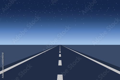 Straight asphalt road at night leading to the horizon under a starry sky vector illustration.