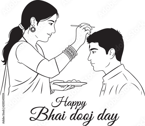 Indian woman applying tilak on man's forehead on bhai dooj day.