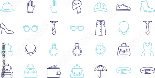 Fashion accessories and clothing line icons.