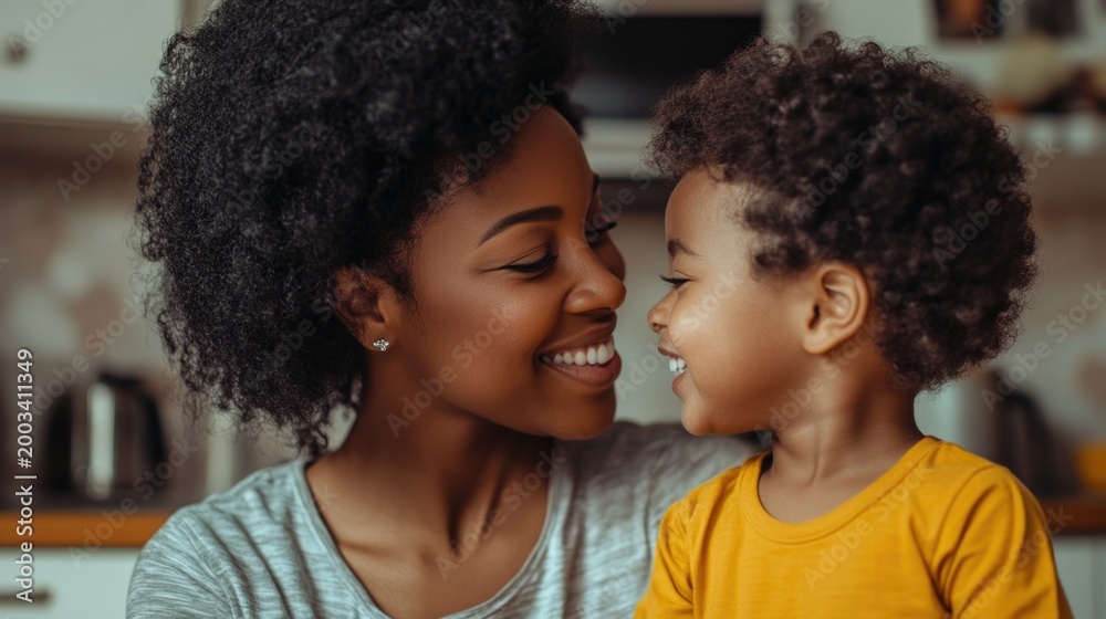 Obraz premium Cute African American mother smiling with her young son in the kitchen, cheerful mom and child looking at each other, loving single parent bonding moment at home, warm family lifestyle scene