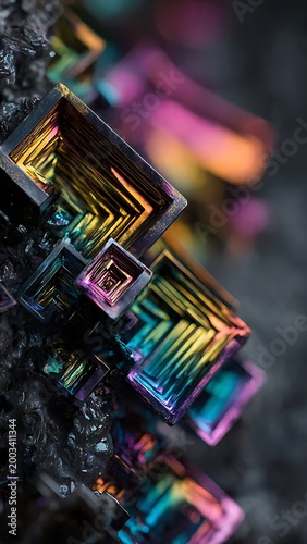 Macro Iridescent Oxidized Bismuth Crystals with Geometric Rainbow Metallic Facets