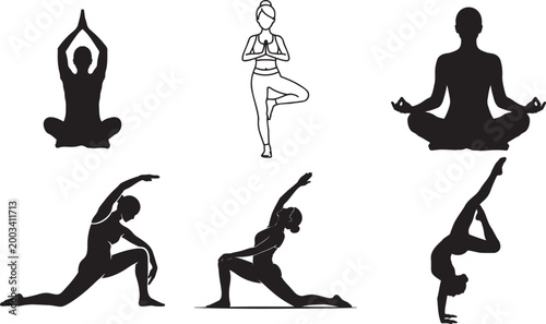 Black silhouettes of people doing various yoga poses