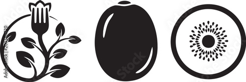 Black icons of kiwi and avocado with flower