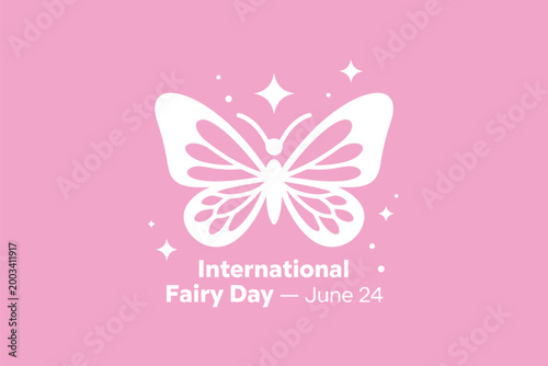 International Fairy Day Pink Graphic with Butterfly Icon for Fantasy Events and Magic Themes