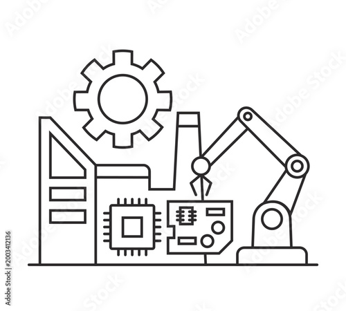 Electronics manufacturing line icon with robotic arm assembling circuit boards