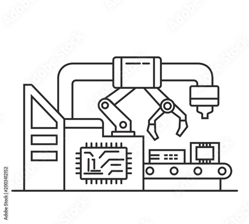 High tech electronic assembly plant line icon with robots and microchips