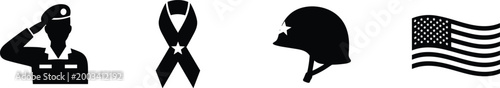 Military memorial and veterans day icon set with saluting soldier US flag army helmet mourning ribbon and gravestone silhouettes for patriotic honors.