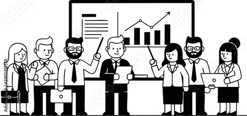 Business team presentation with charts and graphs on whiteboard. Corporate meeting, financial analysis, and strategy discussion. Professional collaboration and teamwork.