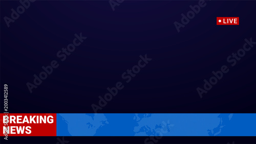 News banner template with breaking headline, live label and world map strip. Clean broadcast layout for media, television and online news use.