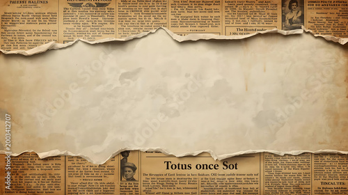 Torn vintage newspaper with aged paper texture and distressed print