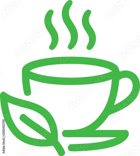 Green Tea Cup Line Icon Vector - Minimalist Organic Herbal Drink Logo with Leaf and Steam for Healthy Lifestyle Branding