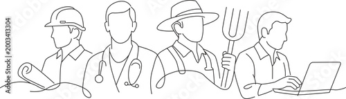 Line drawing of diverse professionals including a doctor farmer and architect