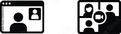 Online video conference and virtual meeting icons for remote work and communication.