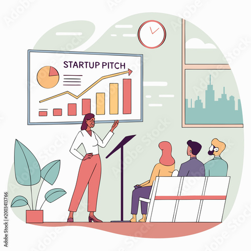 Woman presenting startup pitch to investors in a conference room business presentation