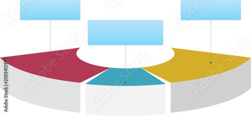 3D semi-circle infographic template, colorful curved segmented chart with text boxes, isometric business data visualization vector