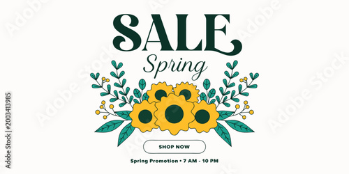 Spring Sale Promotion with "Shop Now" Button and Sunflower Illustration