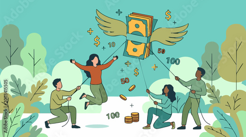 Group managing flying money kite, financial control and wealth concept