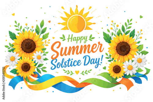 Happy Summer Solstice Day Banner Sunflower Floral Greeting