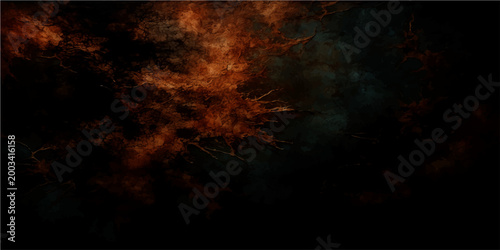 Vector Fiery cosmic explosion and celestial nebulae in darkened cosmos as background with burning fiery orange and black background.