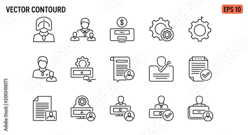 Set of vector contour icons representing business and finance concepts.