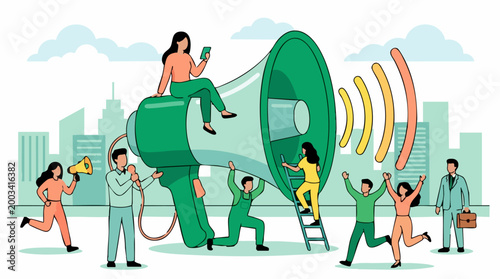 Team of people spreading news and marketing messages with a giant megaphone