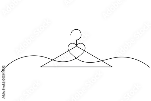 Minimalist continuous line drawing clothes hanger with heart and wavy lines love fashion