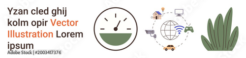 Technology, connectivity, environmental balance, smart home systems, modern devices, digital integration. A speedometer, a digital ecosystem with icons and leafy greenery. Technology