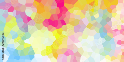 Bright abstract geometric mosaic pattern with vibrant pink yellow orange and blue irregular polygons creating a lively and colorful backdrop