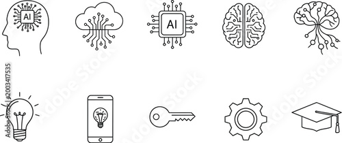 Black and white line art icons for business and technology