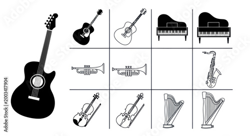 Musical instruments collection in black and white