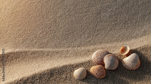 Warm beach sand with scattered shells for text overlay