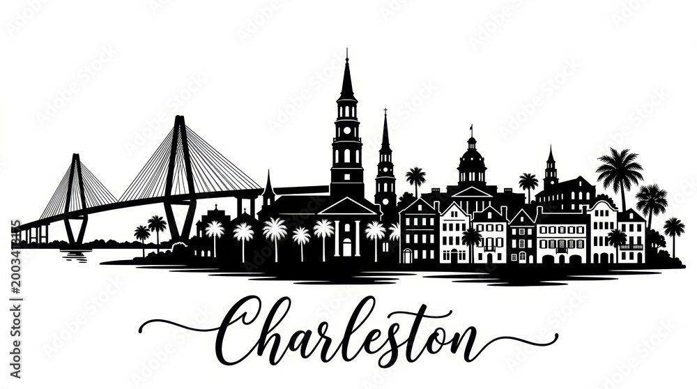 Fototapeta premium A highly detailed black and white silhouette skyline of Charleston, South Carolina, featuring iconic historic landmarks