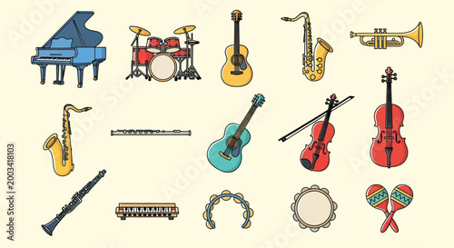 Musical instruments collection on cream background