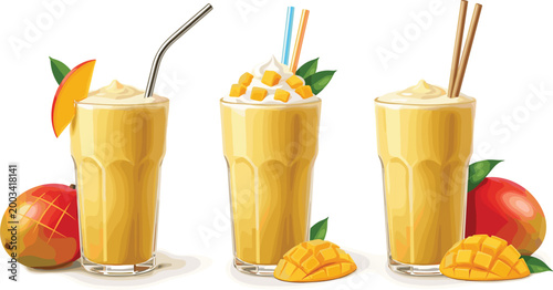 Tropical mango smoothie and milkshake set with whipped cream toppings fresh fruit slices and decorative straws in realistic vector style for cafe menu and summer beverage branding.