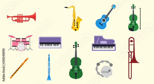 Musical instruments collection on light background