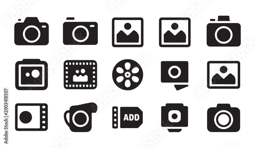 Comprehensive set of camera and photography glyph icons for modern digital editing systems.